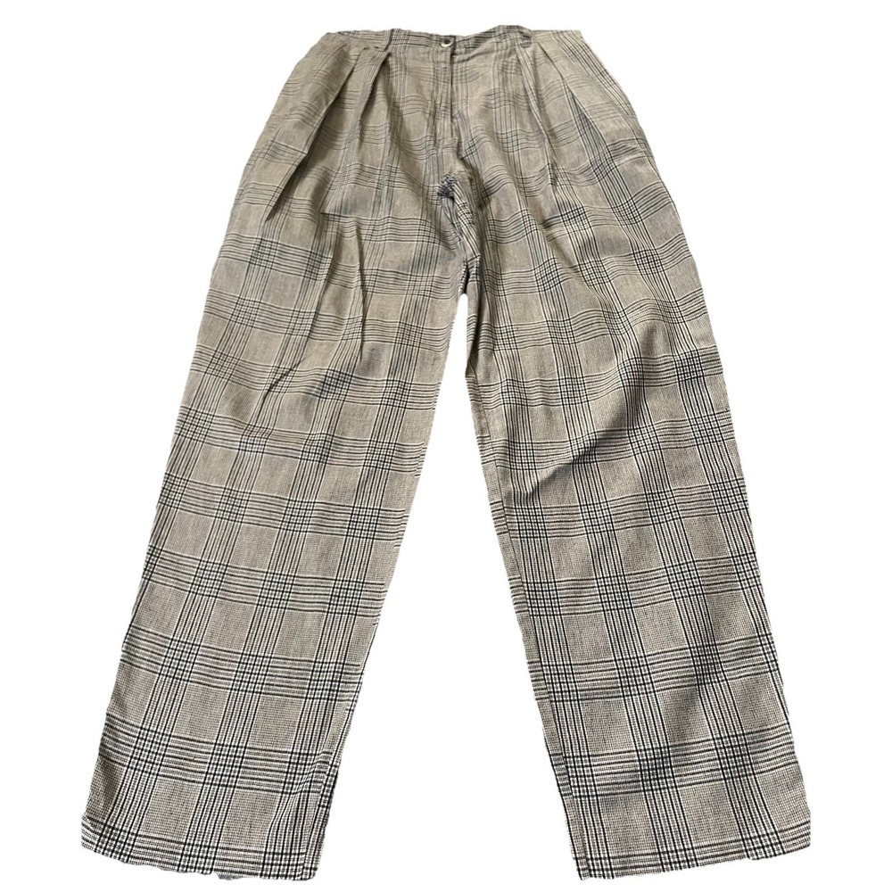 Vtg 60s 70s Japan Made Pleated Plaid Pants 9/10 Gray Beige Straight Leg Classic